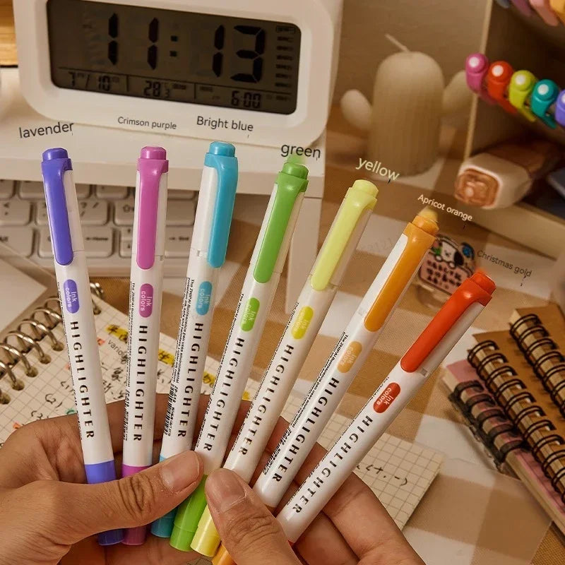 5-Color Double-Ended Highlighter Pen Set - Cute Pastel Fluorescent Markers for Drawing, Art, and Japanese-Style Stationery