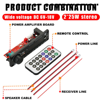 200W Bluetooth Amplifier Board - DIY MP3 WAV Decoder with USB, TF Card, FM Radio & Microphone, DC 12V
