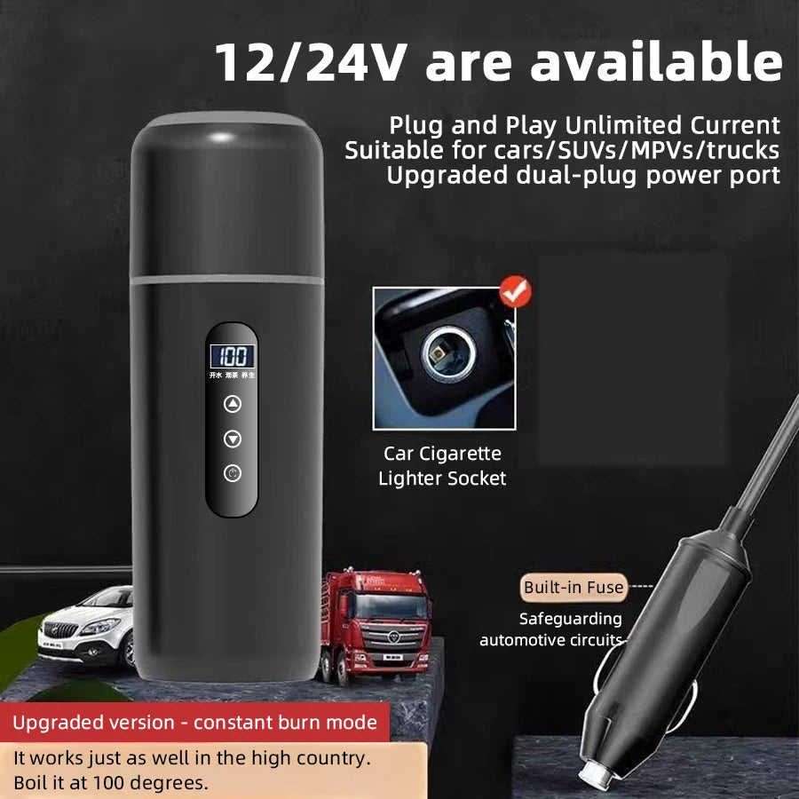 12V/24V Portable Car Electric Kettle 500ml – Smart Touch Screen Travel Heating Cup with Adjustable Temperature Thermal Mug