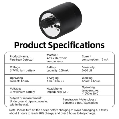 Home Pipe Leak Detector - High-Sensitivity Wall Leakage Tester with Type-C Charging & Noise-Canceling Headphones