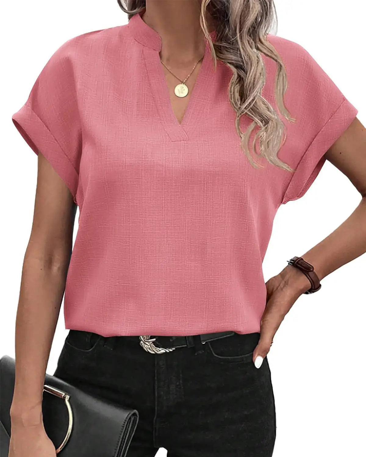 Women’s V-Neck Linen Blend Blouse - Textured Short Sleeve Relaxed Fit Casual Summer Shirt