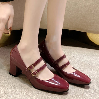 Elegant Women’s Mary Jane Chunky Heels – Square Toe Patent Leather Pumps with Double Ankle Strap