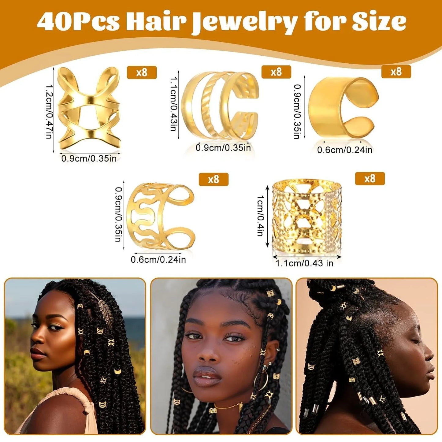 40PCS Gold Plated Hollow Hair Rings — Dreadlock & Braiding Hair Accessories, DIY Hair Jewelry Kit