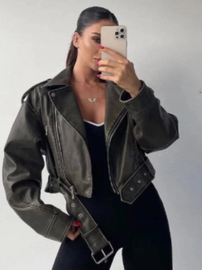 RARF 2024 Women's Washed Leather Jacket – Coal Gray Short Coat with Belt, Vintage Lapel & Zipper