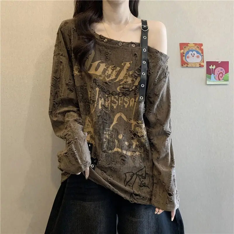 Oversized Women’s V-Neck T-Shirt - Loose Faded Off-Shoulder Long Sleeve Casual Top