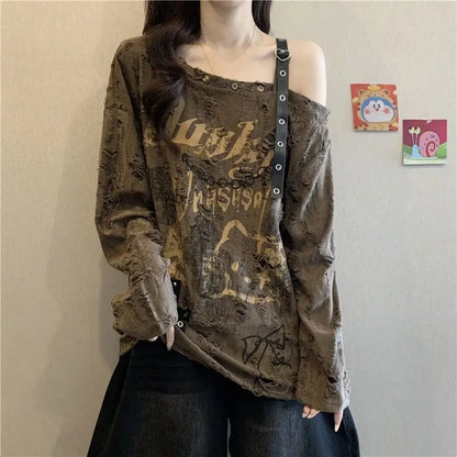 Oversized Women’s V-Neck T-Shirt - Loose Faded Off-Shoulder Long Sleeve Casual Top
