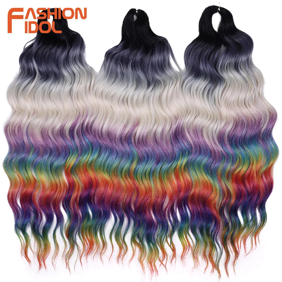 FASHION IDOL 24" Deep Wave Crochet Hair - 3-Piece Synthetic Water Wave Braiding Extensions, Ombre Rainbow Twist Hair