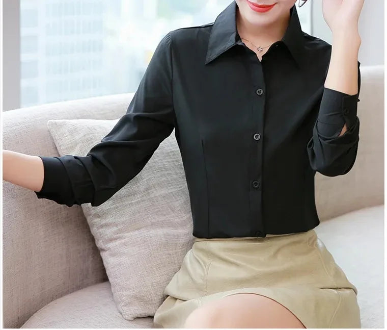 Women’s Solid Button Blouse — Long Sleeve Office Shirt, Elegant Work Top