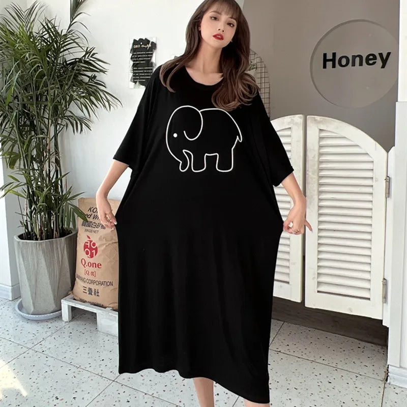 Women’s Cartoon Nightgown - Loose Plus-Size Modal Summer Nightdress for Comfortable Sleepwear