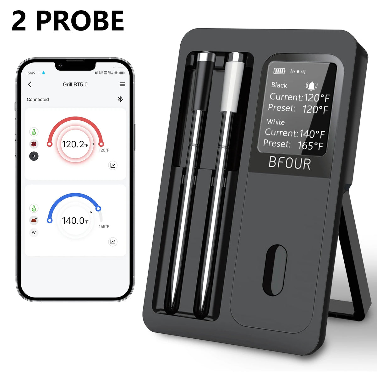 Wireless Bluetooth Meat Thermometer - IP67 Waterproof Probes with LCD Display, Rechargeable Booster for Grilling, Smoker, BBQ & Oven