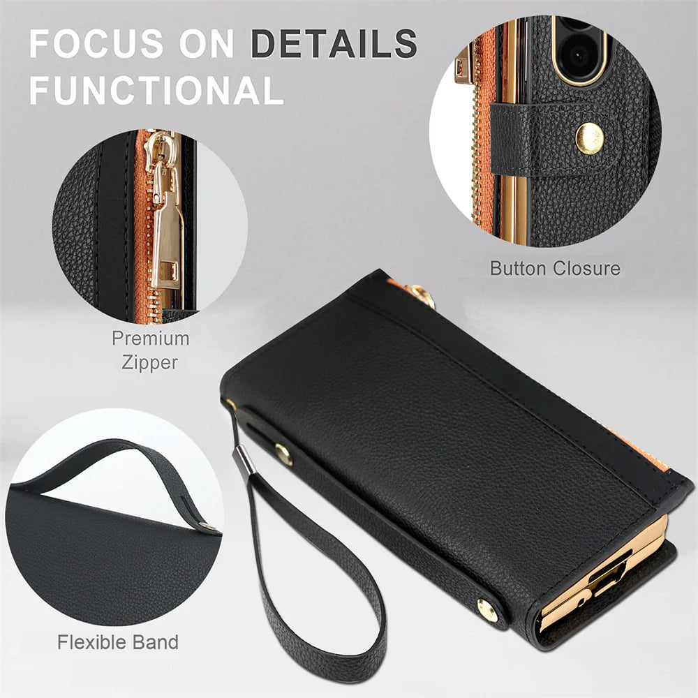 Leather Card Wallet Case with S Pen Slot for Samsung Galaxy Z Fold 6/5/4/3/2 — Multifunctional Zipper Protection Cover