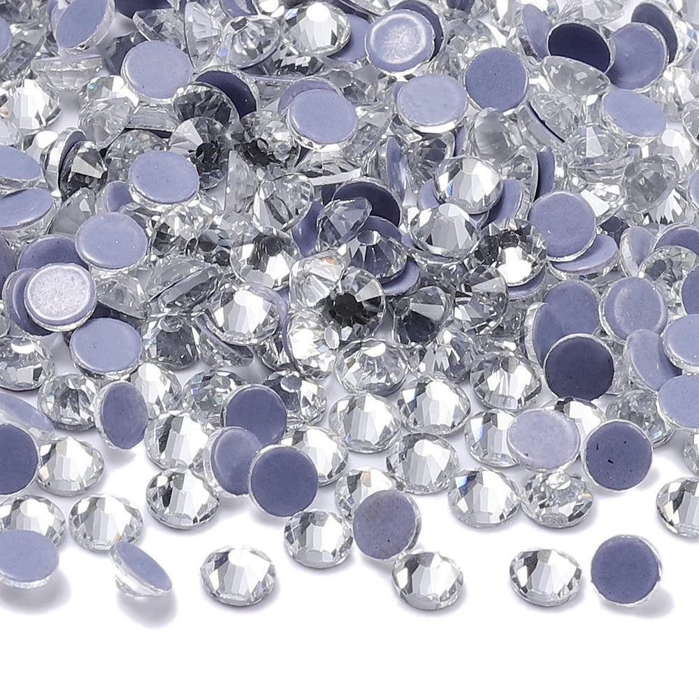 QIIY SS3–SS50 Crystal AB Black Glass Rhinestones – Hot-Fix Flatback Iron-On Stones for Wedding Dresses, Clothing, and Fabric Decoration