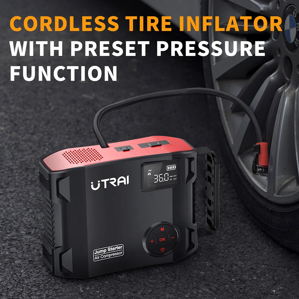 UTRAI 4-in-1 Car Jump Starter Power Bank - 2000A Battery Booster with 16000mAh Capacity, 150PSI Air Compressor Tire Inflator & Portable Charger