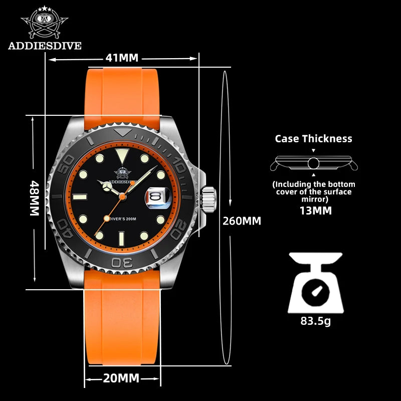 ADDIESDIVE 41mm Men’s Quartz Dive Watch – Rotatable Bezel, Stainless Steel, Luminous BGW9, Rubber Strap, 200m Water Resistant