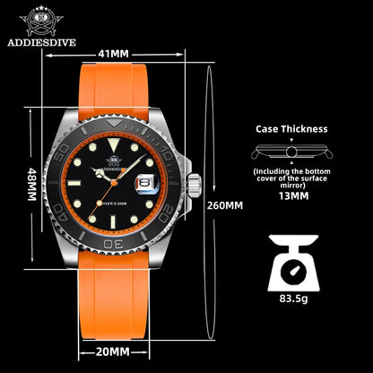 ADDIESDIVE 41mm Men’s Quartz Dive Watch – Rotatable Bezel, Stainless Steel, Luminous BGW9, Rubber Strap, 200m Water Resistant