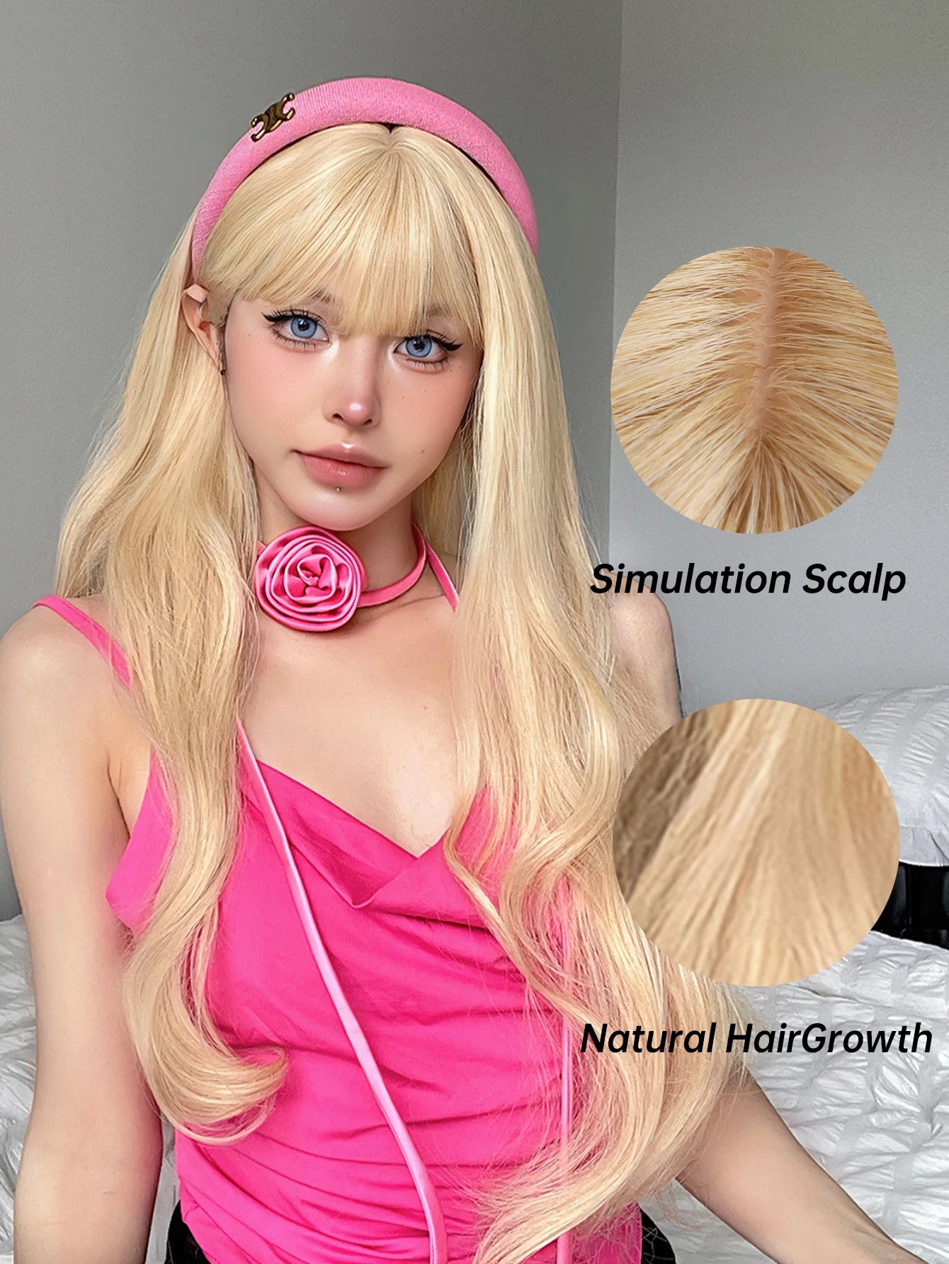 Long Blonde Wavy Synthetic Wig with Bangs – Lolita Cosplay & Halloween Heat-Resistant Wig for Women