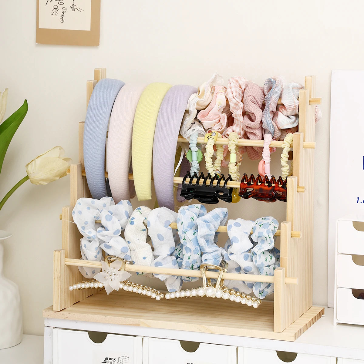 Solid Wood Hair Accessory Organizer - 2 to 5 Layer Desktop Jewelry & Hair Tie Stand