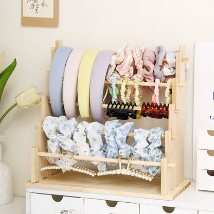 Solid Wood Hair Accessory Organizer - 2 to 5 Layer Desktop Jewelry & Hair Tie Stand