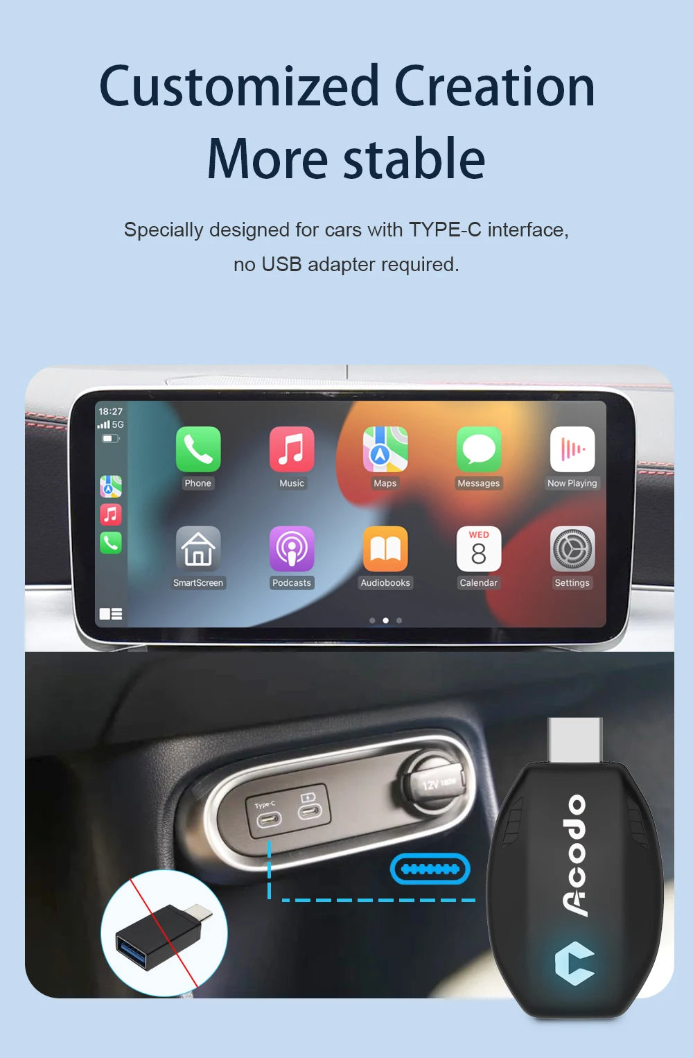 Acodo Wired to Wireless CarPlay Dongle – Android Auto Adapter, Fast WiFi, USB Type-C Plug & Play
