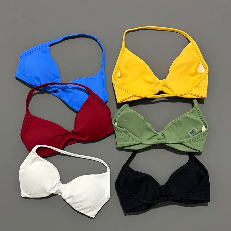 Histello Women’s Strappy Sports Bra - Seamless High-Support Yoga, Running and Workout Halter Top