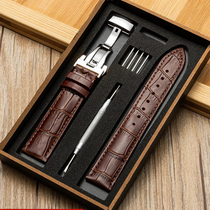 Genuine Leather Watch Band with Wooden Box – Replacement Strap with Butterfly Clasp, 18mm 20mm 22mm Bracelet Accessory