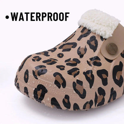 Bebealy Casual Women’s Garden Shoes & Warm Fluffy Men’s Waterproof Winter Slippers – Outdoor Antiskid Classic Leopard Design