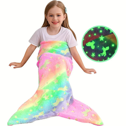 Cartoon Rainbow Unicorn Mermaid Tail Blanket — Super Soft Glow-in-the-Dark Flannel Blanket, Perfect Gift for Girls