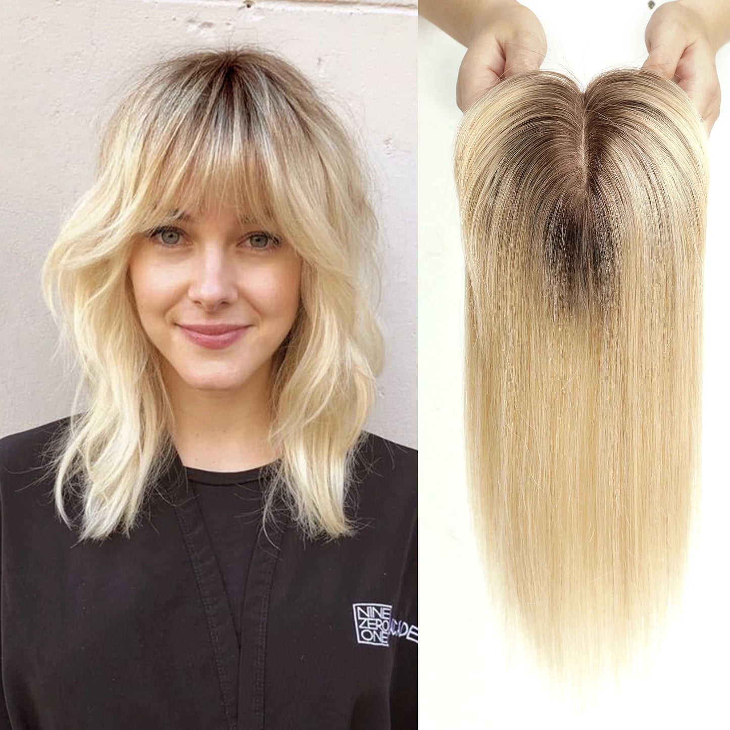 Ombre Brown Blonde Remy Human Hair Topper – 14 Inch Silk Base Clip-In Wig with Bangs for Women
