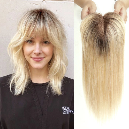Ombre Brown Blonde Remy Human Hair Topper – 14 Inch Silk Base Clip-In Wig with Bangs for Women