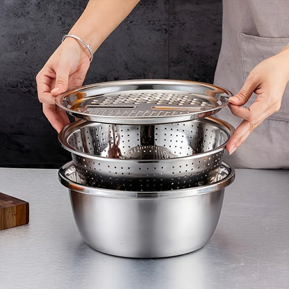 3-Piece Stainless Steel Kitchen Prep Set - Mixing Bowl & Multifunctional Vegetable Slicer for Fruits and Vegetables