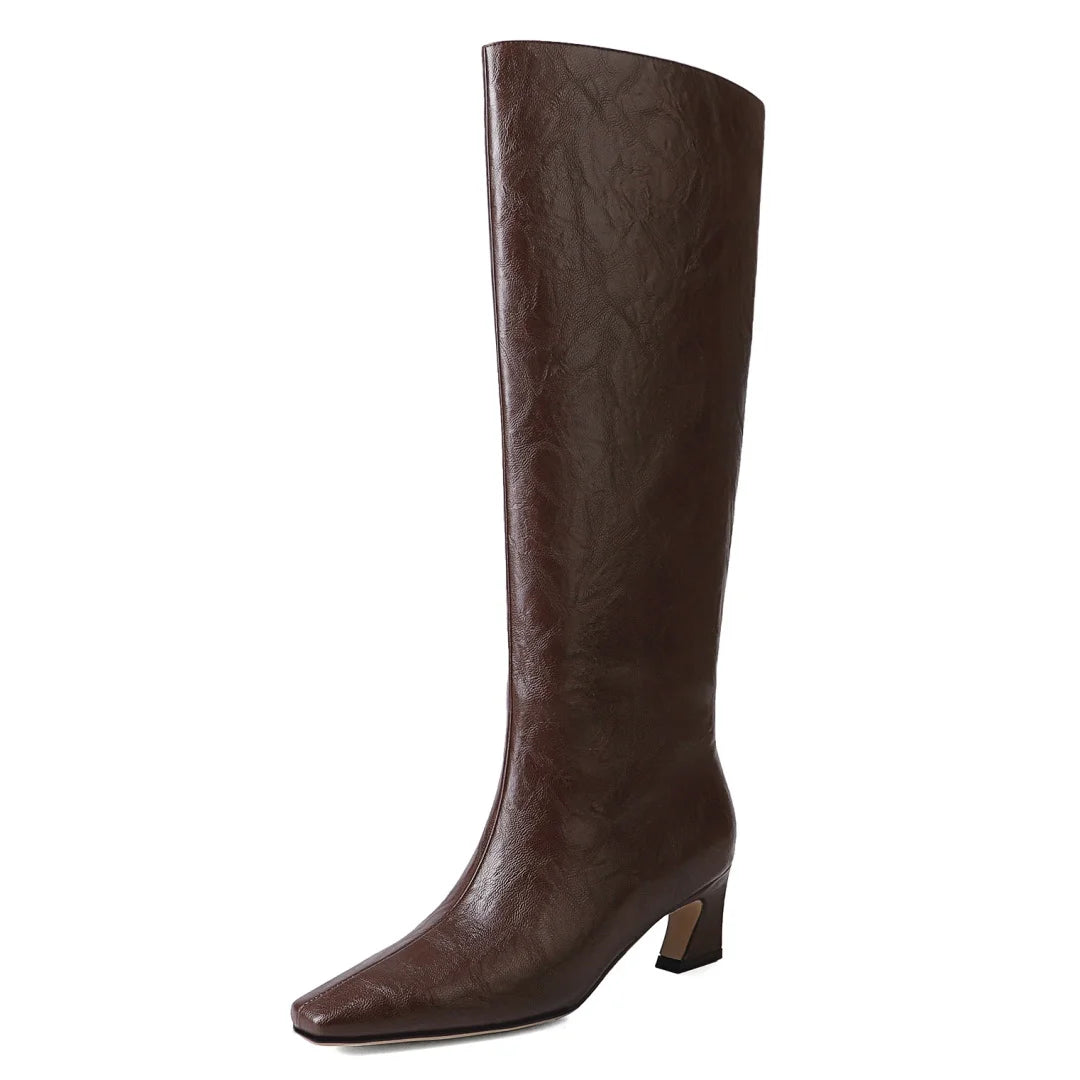 Women’s Genuine Leather Knee-High Boots – 5.5cm Thin Heel, Square Toe Slip-On Autumn Long Boots