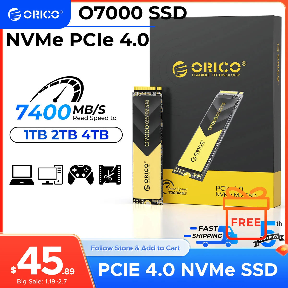 ORICO PCIe 4.0 M.2 NVMe SSD O7000 – 7400MB/s Internal Solid State Drive for PS5 Gaming & Content Creators (1TB/2TB/4TB, M Key 2280)