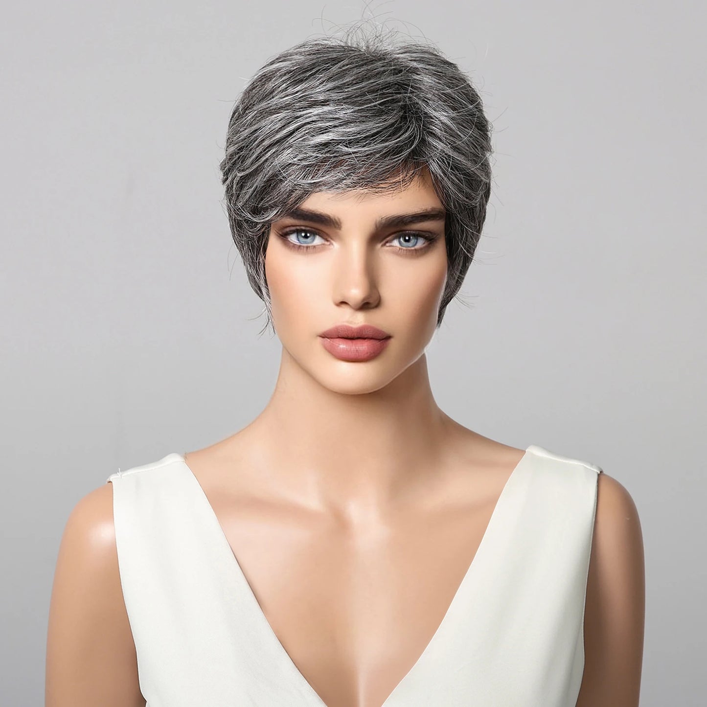 Short Pixie Cut Grey Human Hair Wig – 8 Inch Layered Fashion Wig for Women, Daily Use, Machine Made