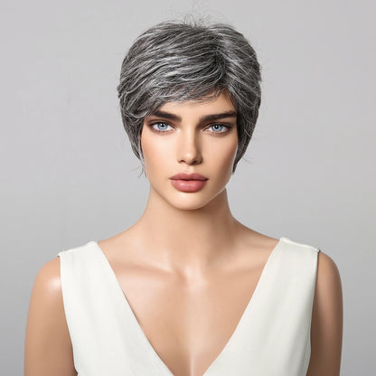 Short Pixie Cut Grey Human Hair Wig – 8 Inch Layered Fashion Wig for Women, Daily Use, Machine Made