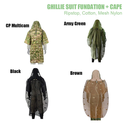 Ghillie Suit Set | Camouflage Hunting Poncho, Base, Cape & Sniper Viper Hood for Airsoft & Paintball