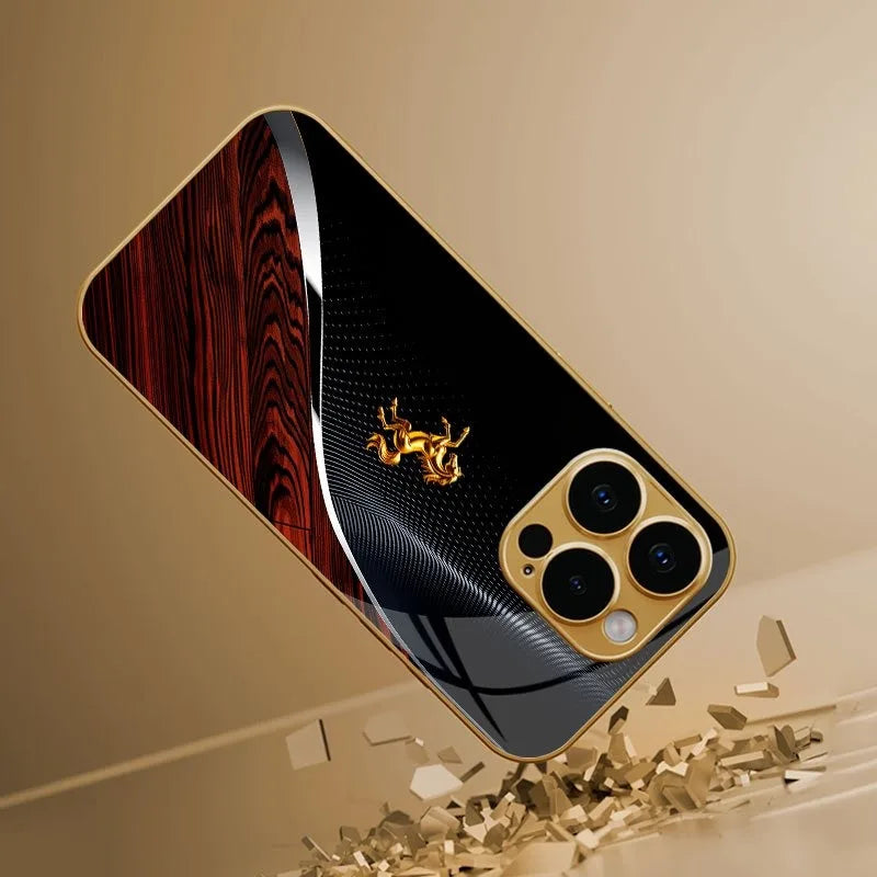 Golden Horse Pattern Metallic Phone Case - Gold Glass Protective Cover for iPhone 11-18 Pro Max, Plus, Air & 16E