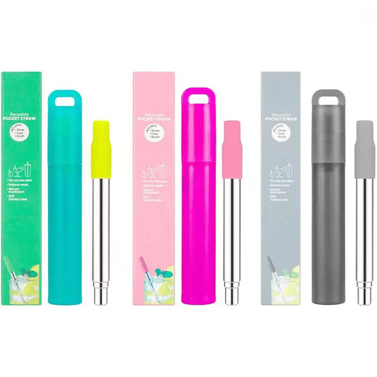 Telescopic Stainless Steel Reusable Drinking Straws - Folding Straw Set with Case and Cleaning Brush - Camping and Travel Straw