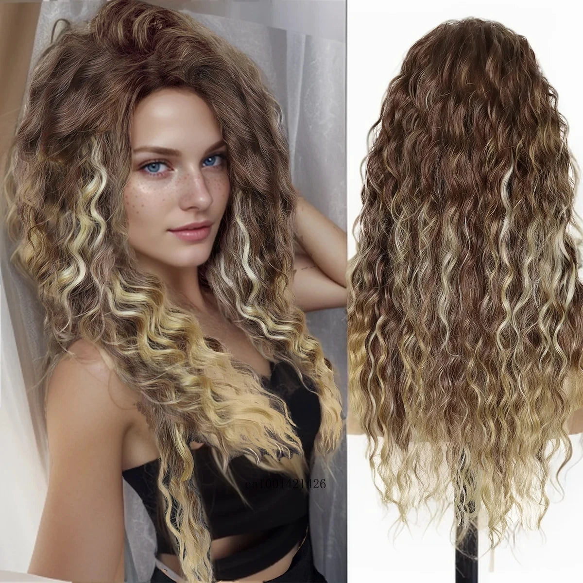 Ash Blonde Synthetic Wig – 26" Long Curly Ombre Hair, Fluffy Wave Wig for Women, Costume & Party Wig