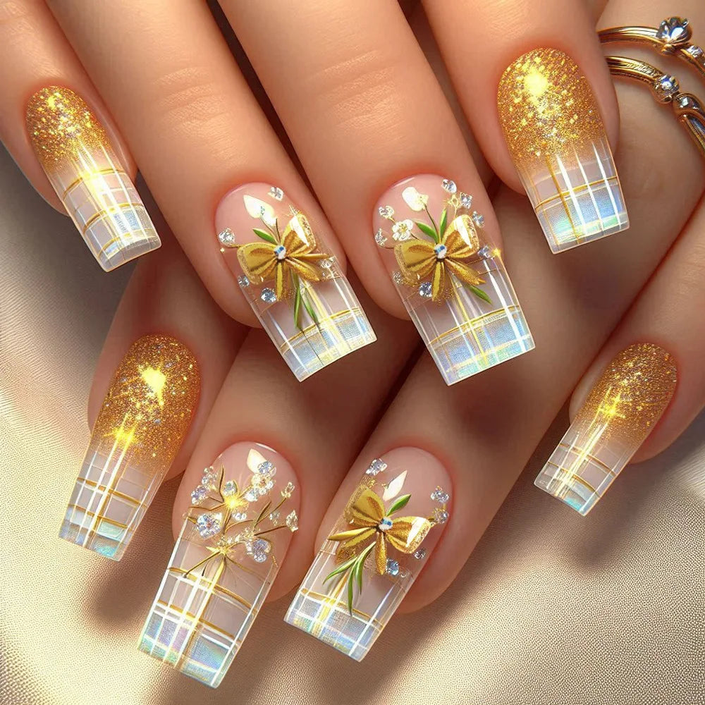 24pcs Blue Golden Stripe Press-On Nails Shiny Powder Long Square Full Cover False Nail Tips Wearable Love Design