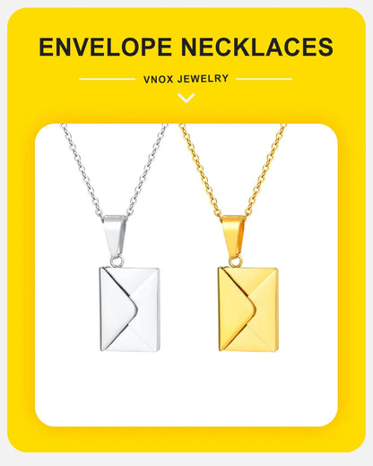 Vnox Custom Envelope Photo Necklace – Stainless Steel Personalized Pendant for Women & Girls