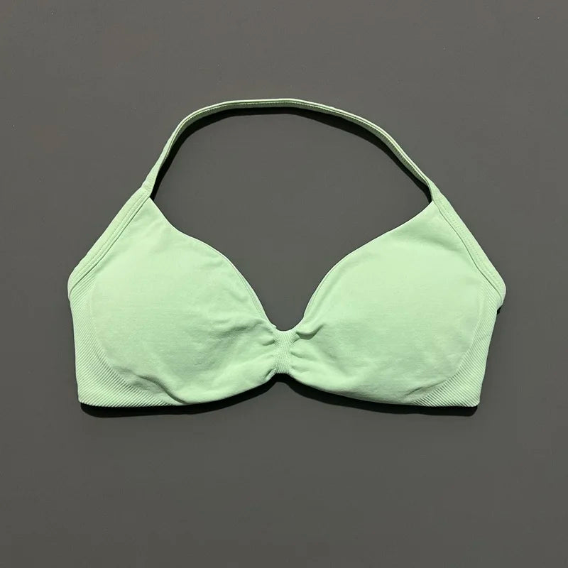 Histello Women’s Strappy Sports Bra - Seamless High-Support Yoga, Running and Workout Halter Top