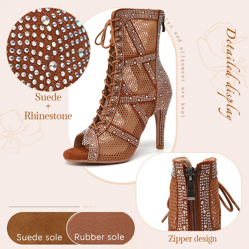 Women’s Rhinestone Latin Dance Boots - Shiny Jazz Dance Shoes with Slim High Heels