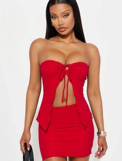 Women’s Solid Color Two-Piece Set – Sleeveless Tube Top & Bodycon Skirt for Casual Daily Wear