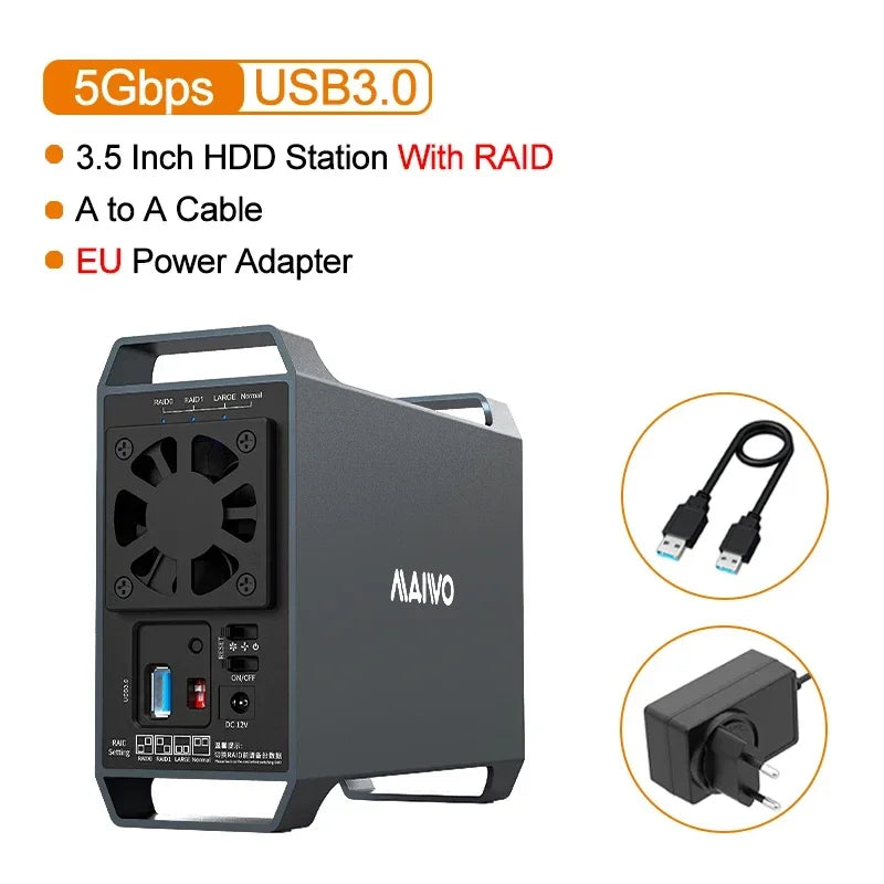 MAIWO 3.5 Inch Dual Bay External Hard Drive Enclosure – SATA Disk Array with 4 RAID Functions for 3.5 Inch HDD