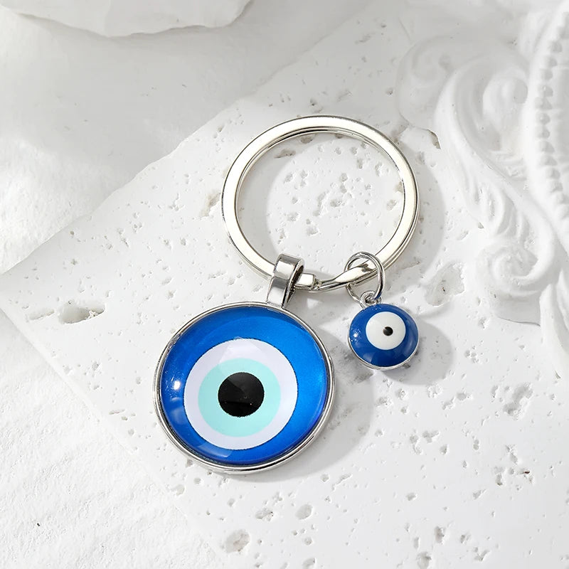 Round Flower Blue Evil Eye Hamsa Keychain – Boho Turkish Lucky Eye Fatima Hand Bag & Car Keyring for Women & Men Protective Charm Gift