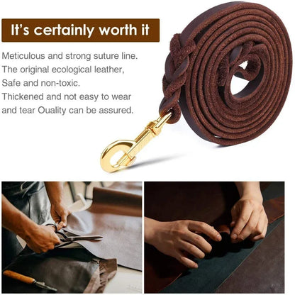 Genuine Leather Dog Leash – Braided Walking & Training Lead for Medium & Large Dogs, Brown & Black
