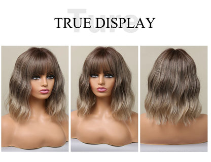 Women’s Grey Wavy Bob Wig with Bangs — Short Blonde Ombre Synthetic Hair with Dark Roots for Daily Wear