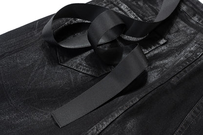 Men’s Streetwear Black Wax Leather Stretch Jeans — Baggy Y2K Flare Oversized Straight Denim Trousers