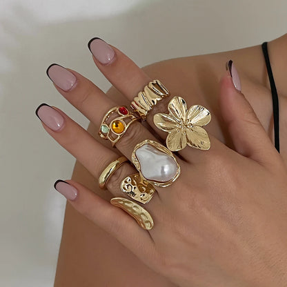 Ingemark 2025 Irregular Metal Flower Open Ring – Elegant Baroque Imitation Pearl Jewelry for Women