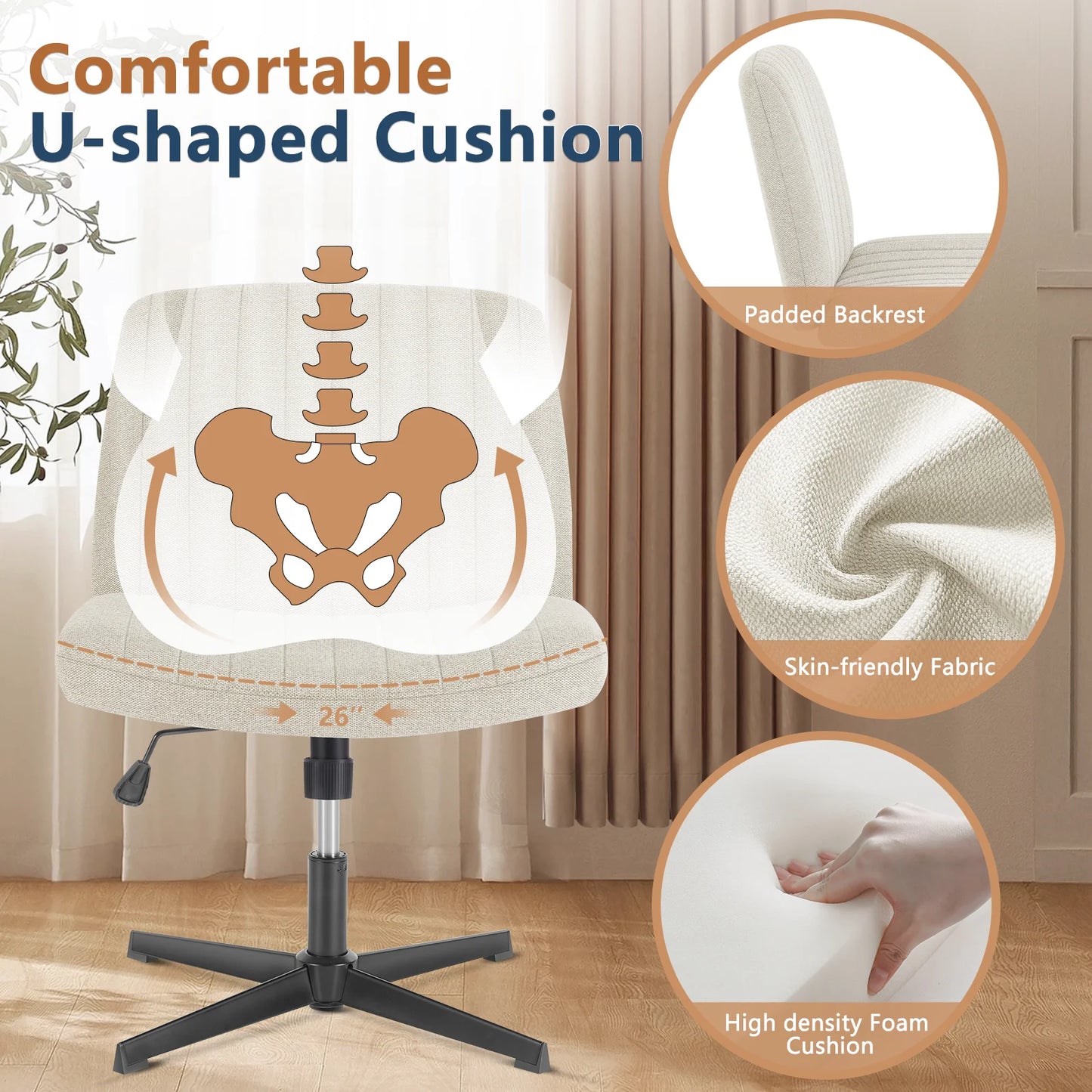 Adjustable Cross Legged Rocking Gaming Chair - Armless Wide Desk Swivel Task Chair for Home Office and Living Room
